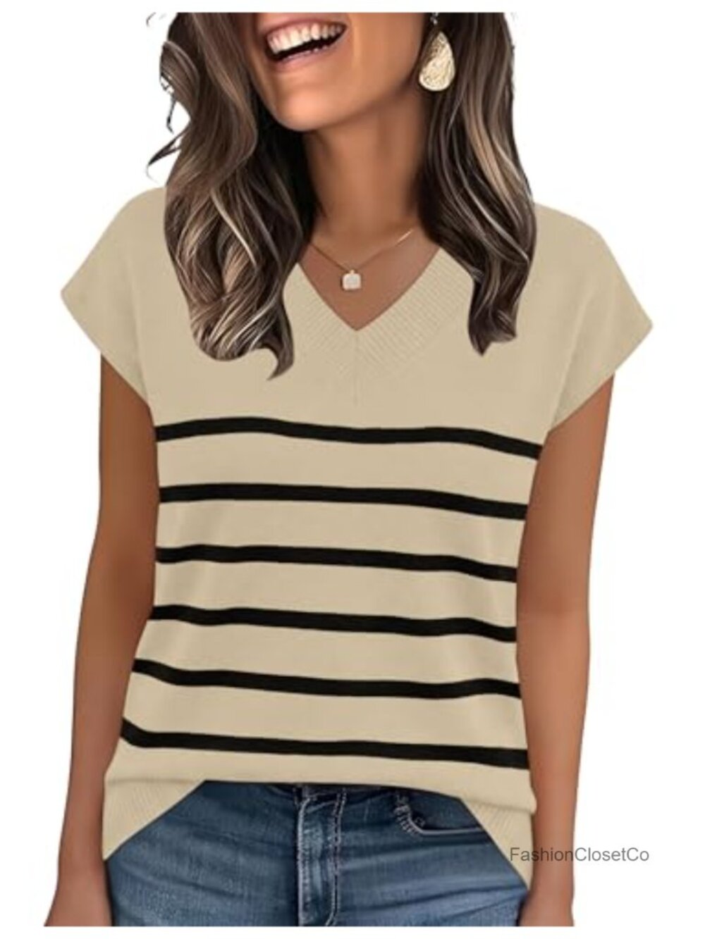 Womens V Neck Cap Sleeve Pullover Sweater Casual Loose Knit Top